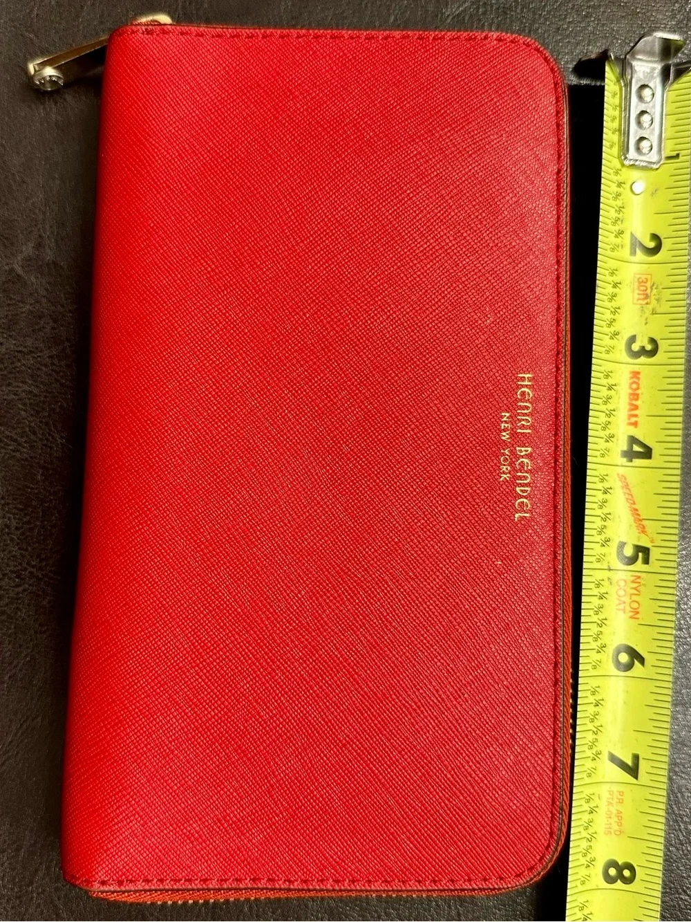 Henri Bendel Red Saffiano Leather Zip Around Wallet Clutch Organizer